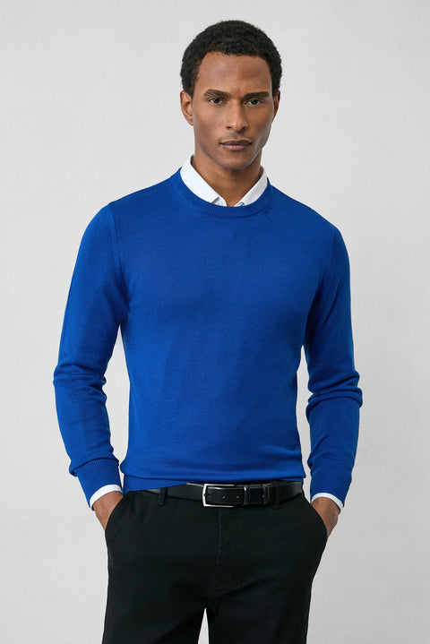 Navy Blue Crew Neck Regular Fit Cotton Knit Sweater