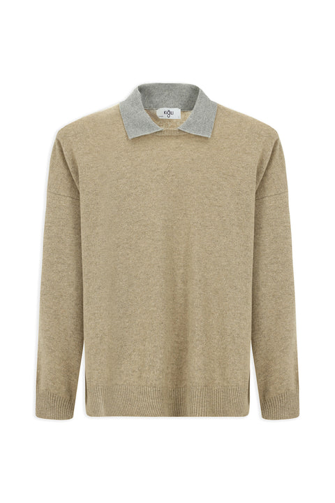 Medium Beige Polo Collar Oversize Extra Relaxed Fit Wool Knit Sweater