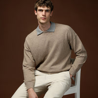 Medium Beige Polo Collar Oversize Extra Relaxed Fit Wool Knit Sweater