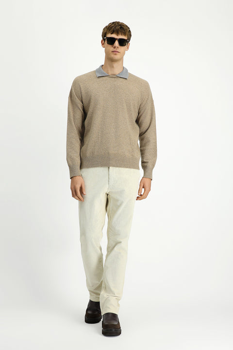 Medium Beige Polo Collar Oversize Extra Relaxed Fit Wool Knit Sweater