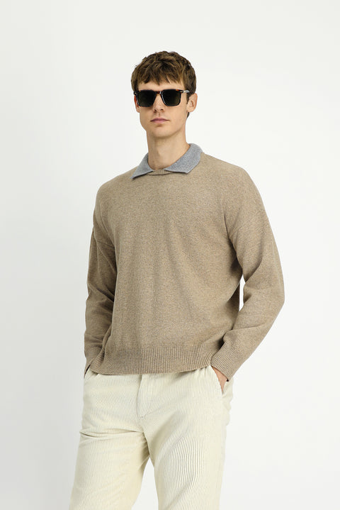 Medium Beige Polo Collar Oversize Extra Relaxed Fit Wool Knit Sweater