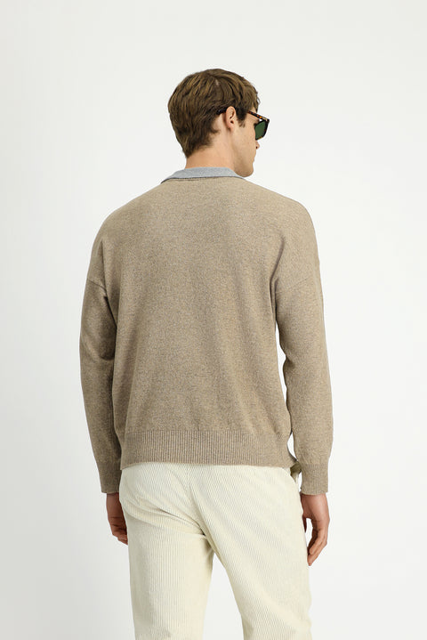 Medium Beige Polo Collar Oversize Extra Relaxed Fit Wool Knit Sweater