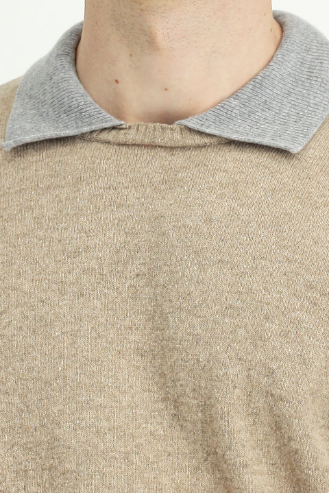 Medium Beige Polo Collar Oversize Extra Relaxed Fit Wool Knit Sweater