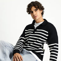 Black Polo Collar Oversize Extra Relaxed Fit Striped Knit Sweater