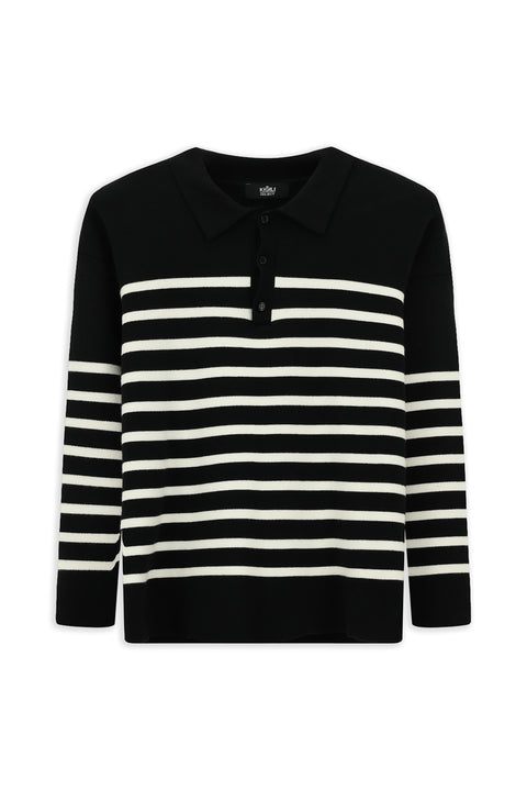 Black Polo Collar Oversize Extra Relaxed Fit Striped Knit Sweater