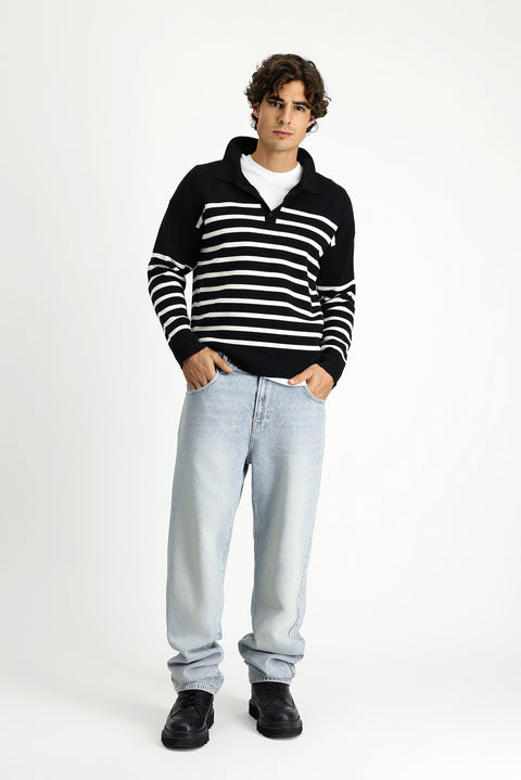 Black Polo Collar Oversize Extra Relaxed Fit Striped Knit Sweater