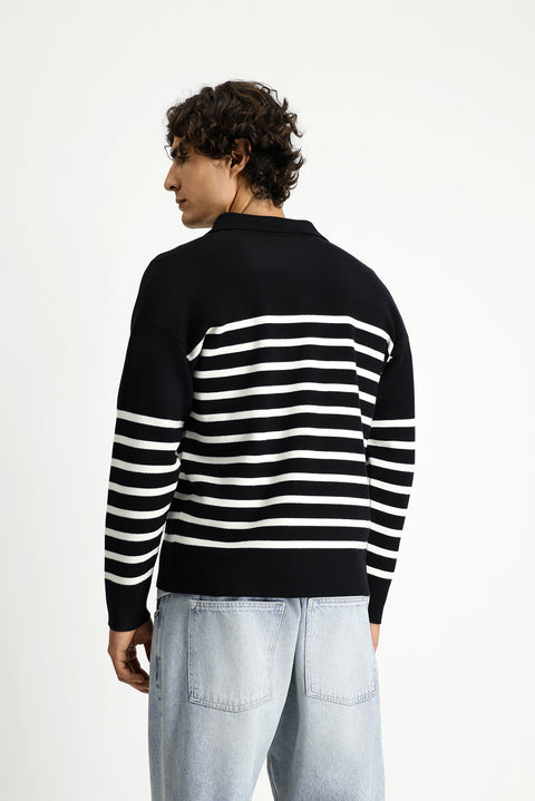 Black Polo Collar Oversize Extra Relaxed Fit Striped Knit Sweater