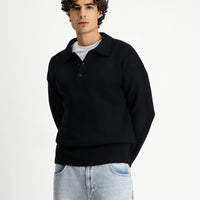 Black Polo Collar Oversize Extra Relaxed Fit Patterned Knit Sweater
