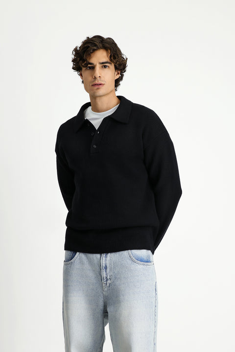 Black Polo Collar Oversize Extra Relaxed Fit Patterned Knit Sweater