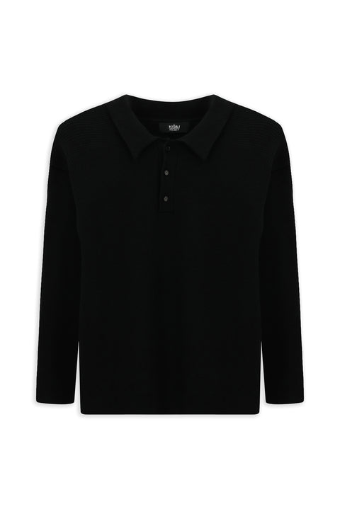 Black Polo Collar Oversize Extra Relaxed Fit Patterned Knit Sweater