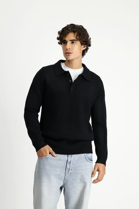 Black Polo Collar Oversize Extra Relaxed Fit Patterned Knit Sweater