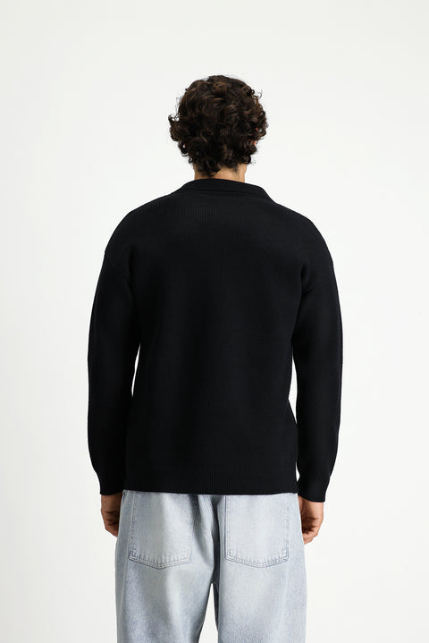 Black Polo Collar Oversize Extra Relaxed Fit Patterned Knit Sweater