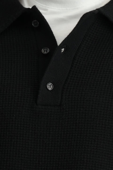 Black Polo Collar Oversize Extra Relaxed Fit Patterned Knit Sweater