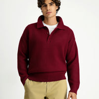 Dark Burgundy Polo Collar Oversize Extra Relaxed Fit Patterned Knit Sweater
