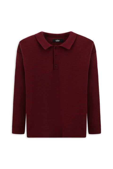 Dark Burgundy Polo Collar Oversize Extra Relaxed Fit Patterned Knit Sweater