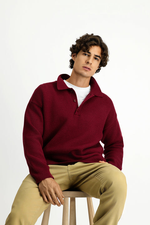 Dark Burgundy Polo Collar Oversize Extra Relaxed Fit Patterned Knit Sweater