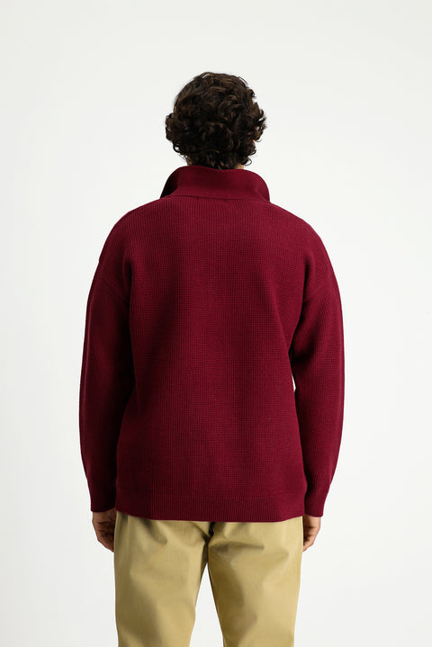 Dark Burgundy Polo Collar Oversize Extra Relaxed Fit Patterned Knit Sweater
