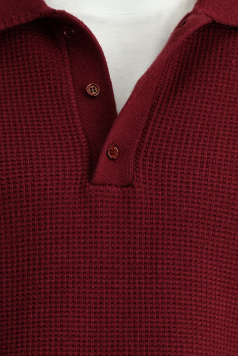 Dark Burgundy Polo Collar Oversize Extra Relaxed Fit Patterned Knit Sweater