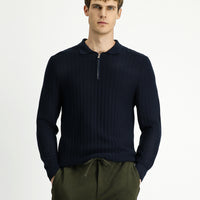 Dark Navy Polo Collar Regular Fit Patterned Zip-Up Cotton Knit Sweater
