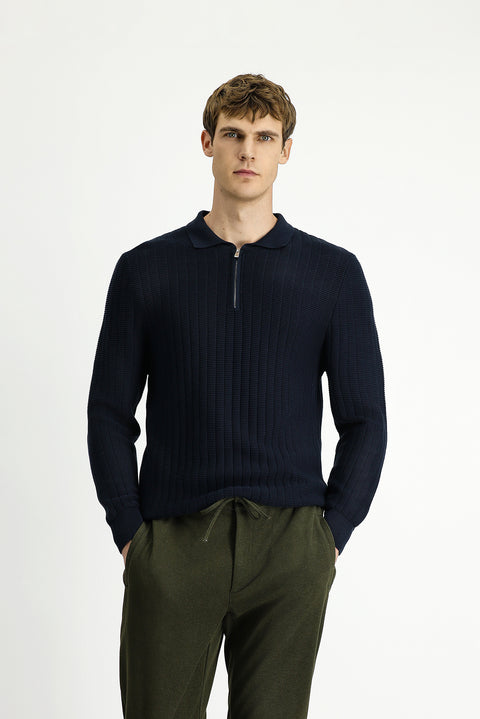 Dark Navy Polo Collar Regular Fit Patterned Zip-Up Cotton Knit Sweater