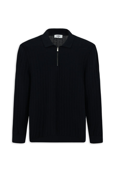 Dark Navy Polo Collar Regular Fit Patterned Zip-Up Cotton Knit Sweater