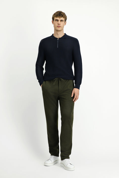 Dark Navy Polo Collar Regular Fit Patterned Zip-Up Cotton Knit Sweater