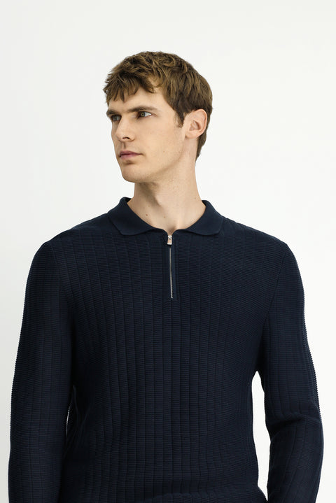 Dark Navy Polo Collar Regular Fit Patterned Zip-Up Cotton Knit Sweater