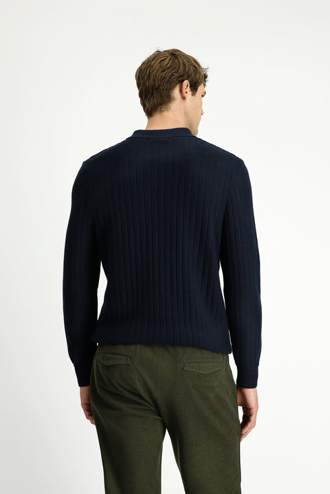 Dark Navy Polo Collar Regular Fit Patterned Zip-Up Cotton Knit Sweater