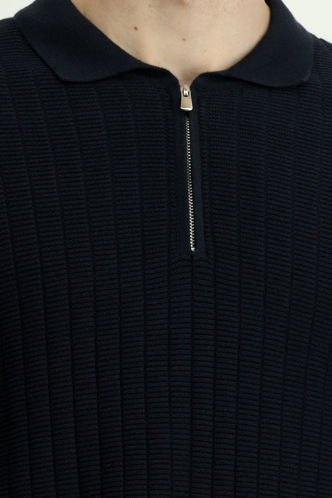 Dark Navy Polo Collar Regular Fit Patterned Zip-Up Cotton Knit Sweater