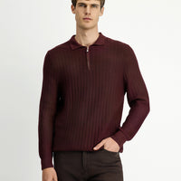 Dark Burgundy Polo Collar Regular Fit Patterned Zip-Up Cotton Knit Sweater