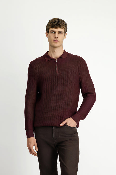 Dark Burgundy Polo Collar Regular Fit Patterned Zip-Up Cotton Knit Sweater