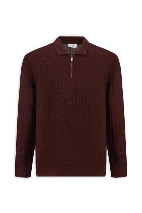 Dark Burgundy Polo Collar Regular Fit Patterned Zip-Up Cotton Knit Sweater