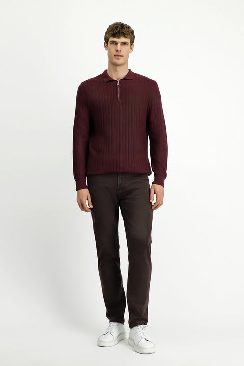 Dark Burgundy Polo Collar Regular Fit Patterned Zip-Up Cotton Knit Sweater