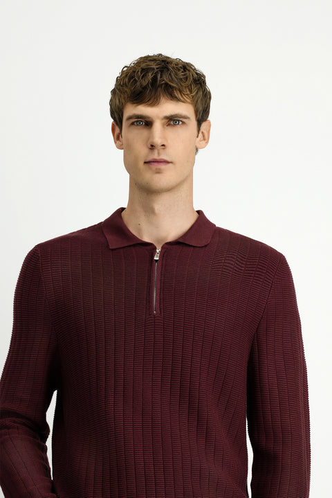 Dark Burgundy Polo Collar Regular Fit Patterned Zip-Up Cotton Knit Sweater