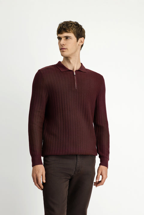 Dark Burgundy Polo Collar Regular Fit Patterned Zip-Up Cotton Knit Sweater