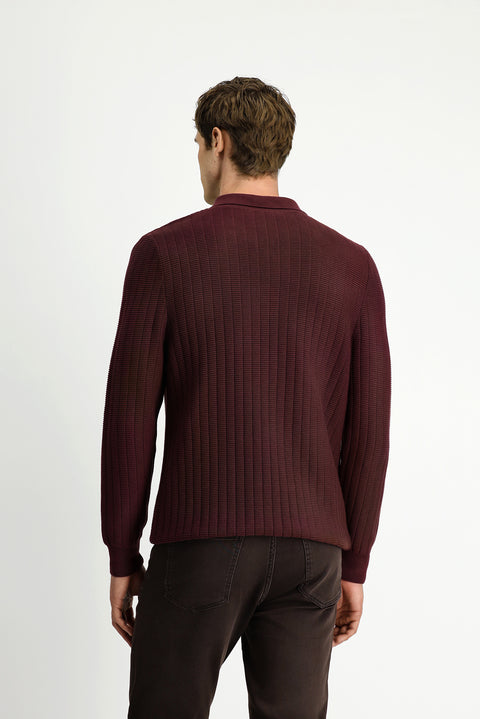 Dark Burgundy Polo Collar Regular Fit Patterned Zip-Up Cotton Knit Sweater
