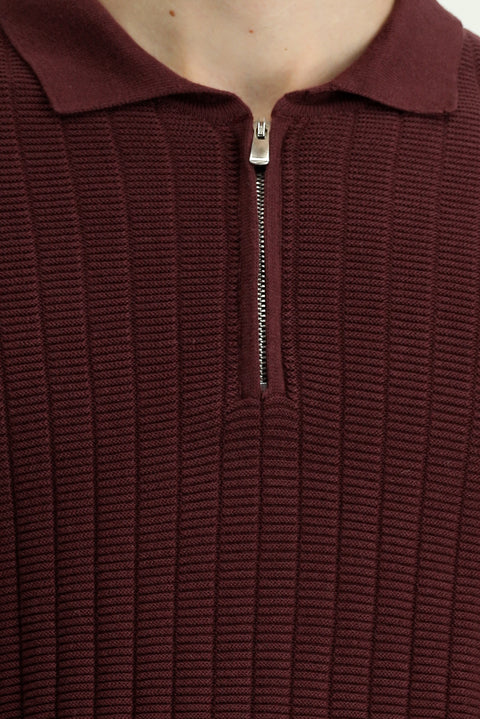 Dark Burgundy Polo Collar Regular Fit Patterned Zip-Up Cotton Knit Sweater