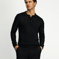 Black Polo Collar Button-Down Regular Fit Striped Knit Sweater