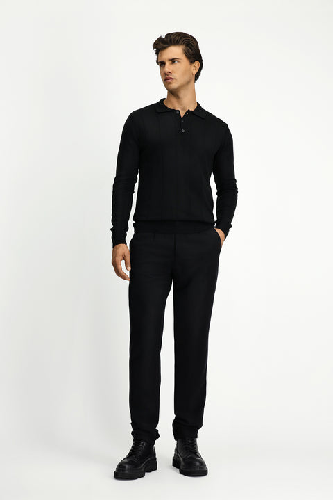 Black Polo Collar Button-Down Regular Fit Striped Knit Sweater