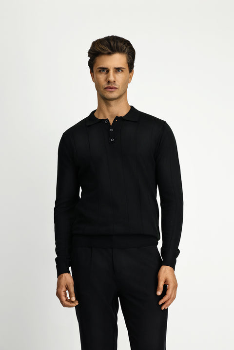 Black Polo Collar Button-Down Regular Fit Striped Knit Sweater
