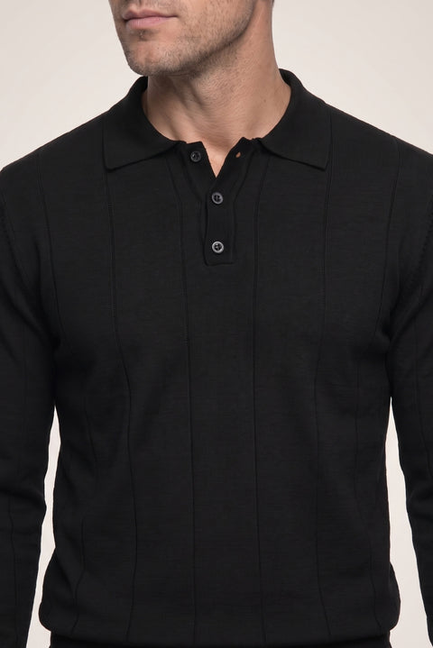 Siyah Polo Yaka Düğmeli Regular Fit Çizgili Triko Kazak
