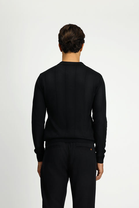 Black Polo Collar Button-Down Regular Fit Striped Knit Sweater