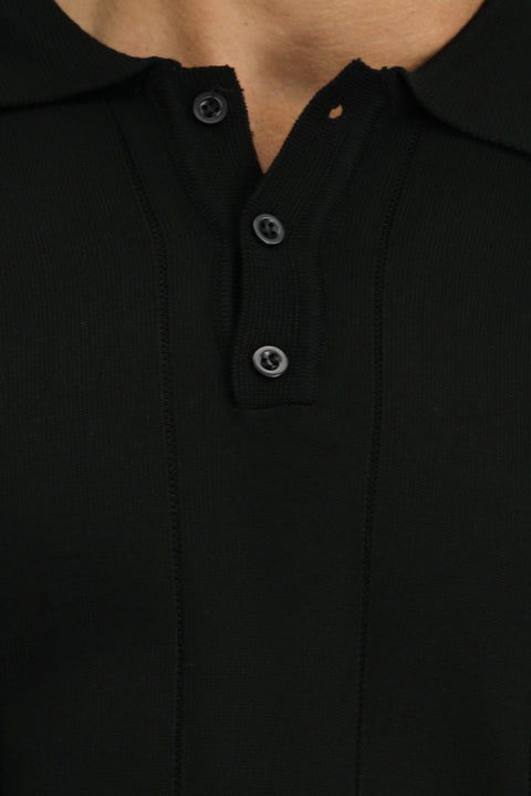 Black Polo Collar Button-Down Regular Fit Striped Knit Sweater