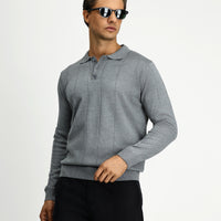 Medium Grey Melange Polo Collar Button-Down Regular Fit Striped Knit Sweater
