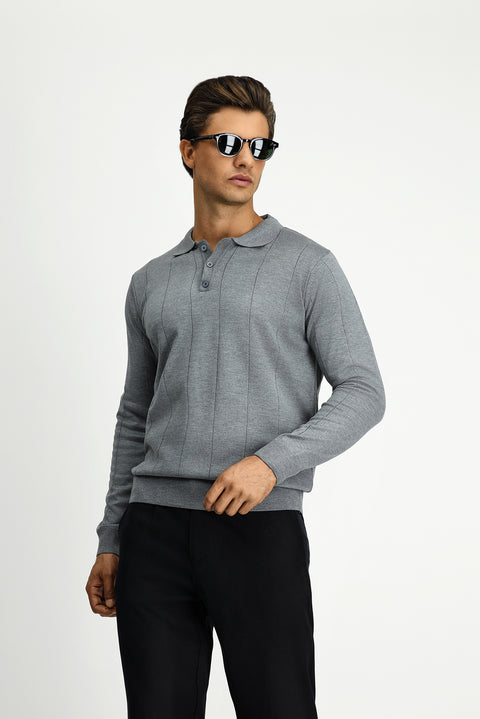Medium Grey Melange Polo Collar Button-Down Regular Fit Striped Knit Sweater