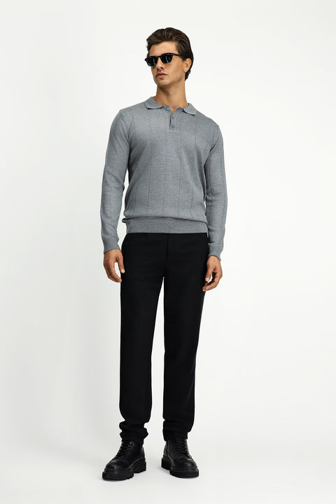 Medium Grey Melange Polo Collar Button-Down Regular Fit Striped Knit Sweater