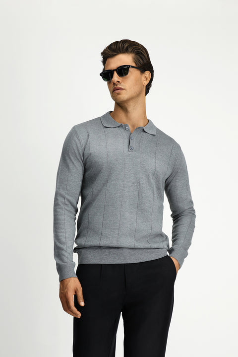 Medium Grey Melange Polo Collar Button-Down Regular Fit Striped Knit Sweater