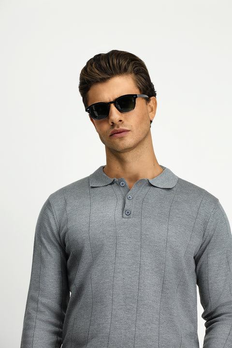Medium Grey Melange Polo Collar Button-Down Regular Fit Striped Knit Sweater