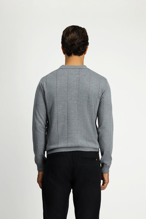 Medium Grey Melange Polo Collar Button-Down Regular Fit Striped Knit Sweater