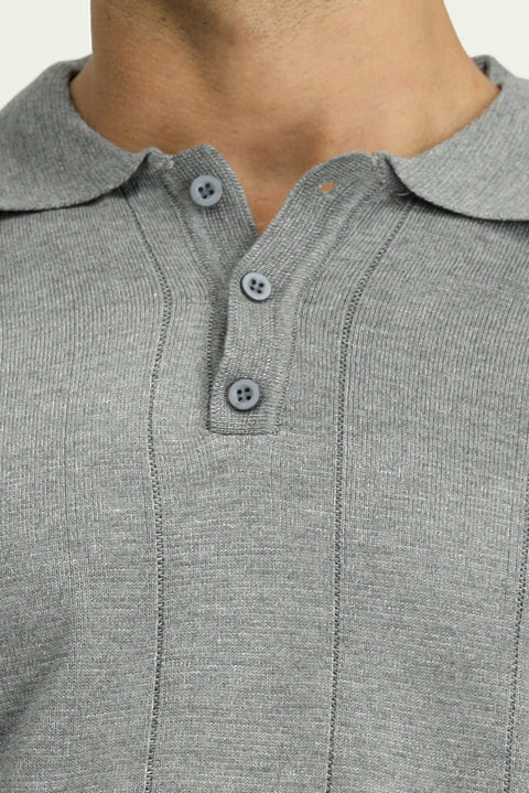Medium Grey Melange Polo Collar Button-Down Regular Fit Striped Knit Sweater
